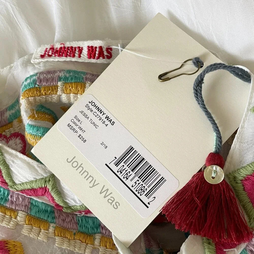 Johnny Was Women's Tunic Top Large Jessa White Sheer Embroidered Button Oversize - Picture 6 of 8